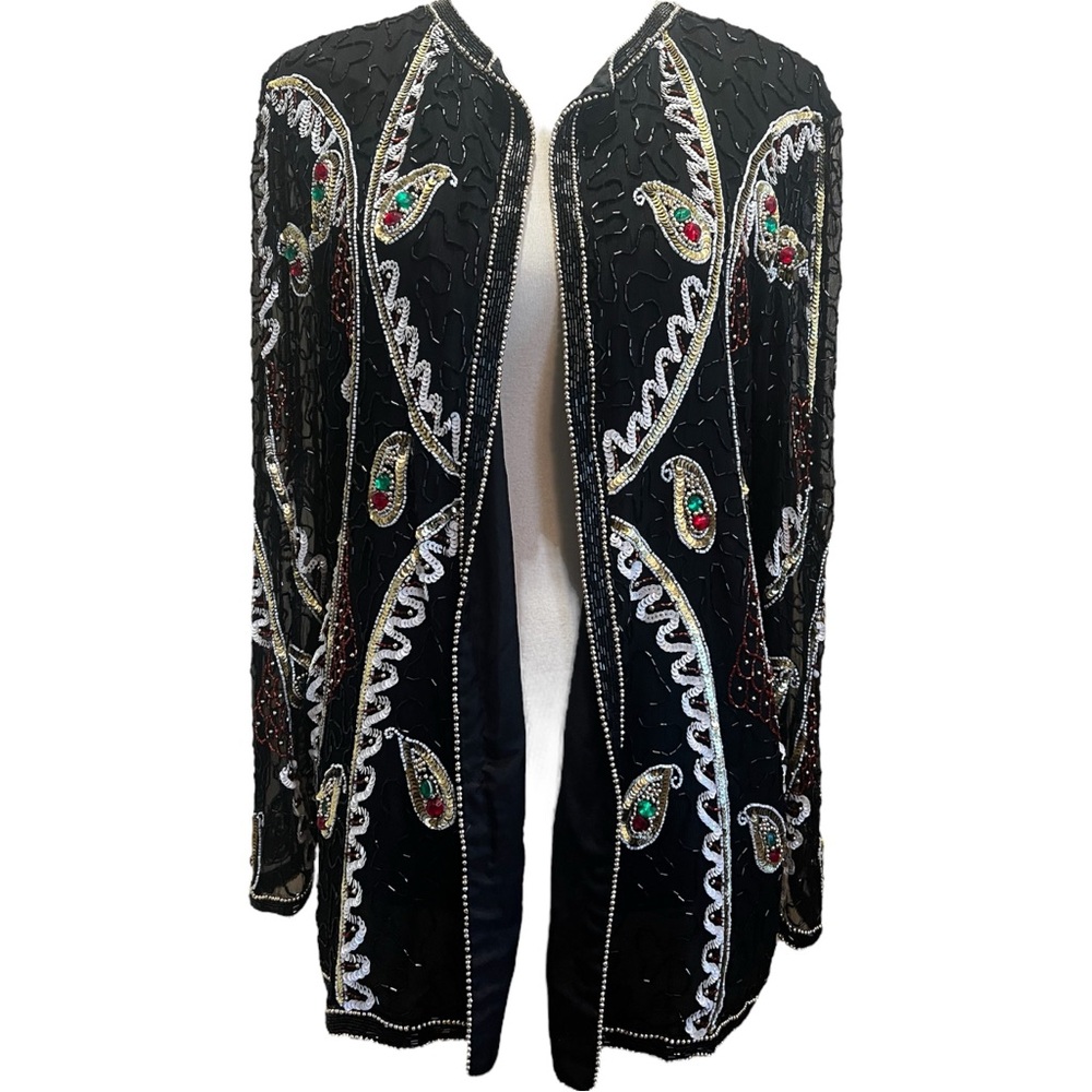Vintage Eve’s Allure Embellished Sequin Black Jacket size XL 100% Silk